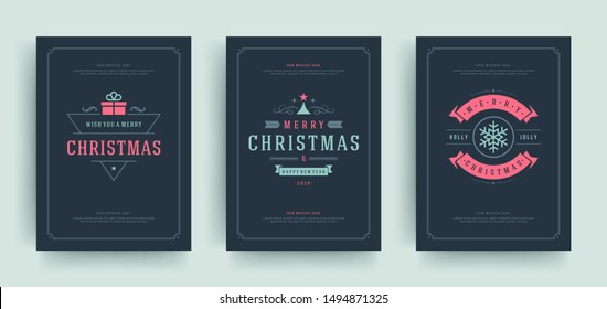 Christmas greeting cards set design template with decoration labels vector illustration. Merry christmas and holidays wish vintage typographic text.