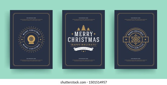 Christmas greeting cards set design template with decoration labels vector illustration. Merry christmas and holidays wish vintage typographic text.