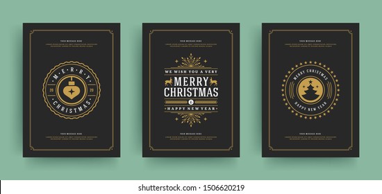 Christmas greeting cards set design template with decoration labels vector illustration. Merry christmas and holidays wish vintage typographic text.