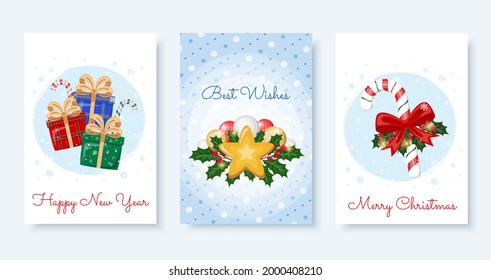 Weihnachtsgrußkarten mit Geschenkbox, Weihnachtskranz mit goldenem Stern, Lakritze . Fröhliche Weihnachten, Fröhliches Neues Jahr, beste Wünsche.