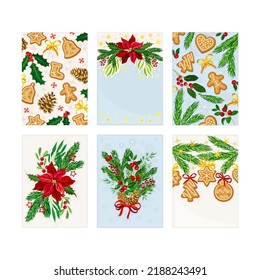 Christmas greeting cards set. Happy New Year backgrounds with fir tree branches, poinsettia flowers and gingerbread cookies vector illustration