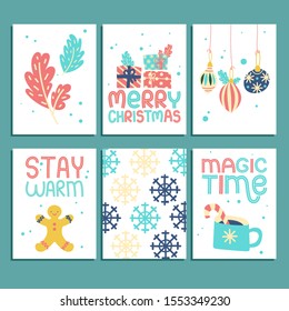 Christmas greeting cards set with lettering. Present, branch, snowflake, sock, mistletoe, tree toy, candy cane. Magic time, stay warm. Hand written vector illustration