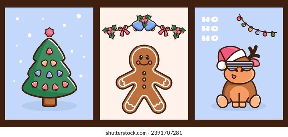 Christmas greeting cards set. New year background with cartoon Doodle characters. Christmas tree, jingle bells, reindeer in santa hat and glasses, traditional festive biscuit. Vector illustration