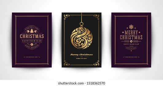 Christmas greeting cards set and ornate typographic winter holidays text vector illustration. Christmas ornaments decorarion and frame for postcard or banner design.