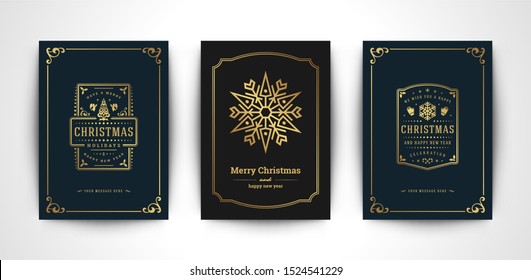 Christmas greeting cards set and ornate typographic winter holidays text vector illustration. Christmas ornaments decorarion and frame for postcard or banner design.