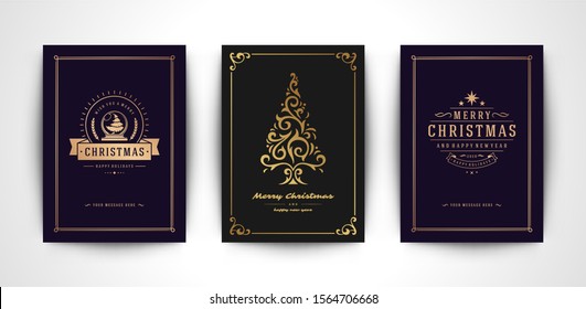 Christmas greeting cards set and ornate typographic winter holidays text vector illustration. Christmas ornaments decorarion and frame for postcard or banner design.