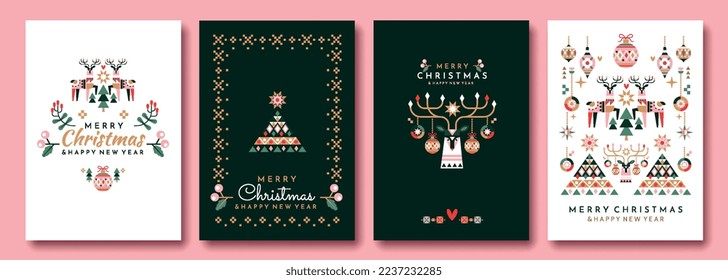 Christmas greeting cards set. Posters and banners. New Year and winter holidays. Reindeer and Christmas trees, traditions and culture. Cartoon flat vector illustrations isolated on pink background