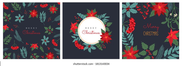 Christmas greeting cards set, traditional plants symbol, poinsettia, rowan brunches, berries. Invitation to  holiday party. Vector illustration in Scandinavian style, isolated on dark blue background.