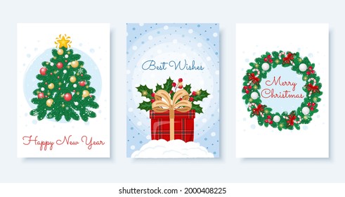 Christmas greeting cards set with Christmas tree, gift box, Christmas wreath. Merry Christmas, Happy New Year, best wishes.