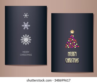 Christmas greeting cards set, vector illustration. Three snowflakes in a row, single fir tree on the other card. Dark blue background. Minimalistic paper cut style.