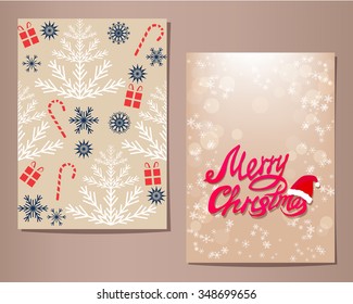 Christmas greeting cards set, vector illustration. Light seamless pattern on one, 'Merry Christmas' lettering on the other. 