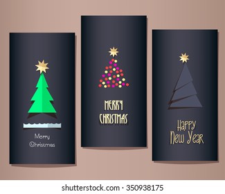 Christmas greeting cards set, vector illustration. Single fir tree on the dark blue, black background. Minimalistic paper cut style.