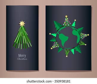 Christmas greeting cards set, vector illustration. Fir trees around the planet Earth, single fir tree on the other card. Dark blue background. Minimalistic paper cut style.