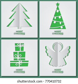 Christmas greeting cards set, vector illustration. Origami made Fir tree, Angel, Gifts on light background. Minimalistic paper cut style. Merry Christmas and Happy New Year funny gift card