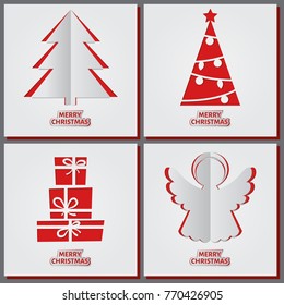 Christmas greeting cards set, vector illustration. Origami made Fir tree, Angel, Gifts on light background. Minimalistic paper cut style. Merry Christmas and Happy New Year funny gift card