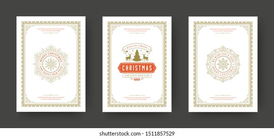 Christmas greeting cards set vintage typographic design, ornate decoration symbols with winter holidays wishes, ornament and flourish frames. Vector illustration.