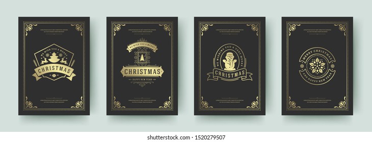 Christmas greeting cards set vintage typographic design, ornate decorations symbols with winter holidays wishes, floral ornaments and flourish frames. Vector illustration.