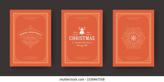 Christmas greeting cards set vintage typographic design, ornate decoration symbols with winter holidays wishes, ornament and flourish frames. Vector illustration.