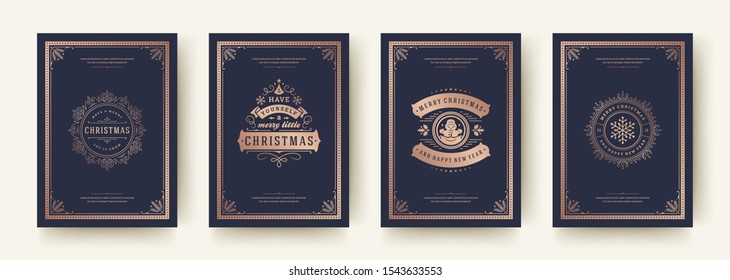 Christmas greeting cards set vintage typographic design, ornate decorations symbols with winter holidays wishes, floral ornaments and flourish frames. Vector illustration.