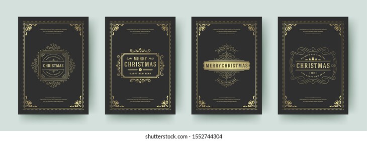 Christmas greeting cards set vintage typographic design, ornate decorations symbols with winter holidays wishes, floral ornaments and flourish frames. Vector illustration.