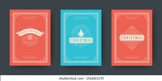 Christmas greeting cards set vintage typographic design, ornate decoration symbols with winter holidays wishes, ornament and flourish frames. Vector illustration.