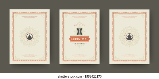 Christmas greeting cards set vintage typographic design, ornate decoration symbols with winter holidays wishes, ornament and flourish frames. Vector illustration.