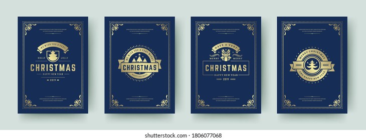 Christmas greeting cards set vintage typographic design, ornate decorations symbols with winter holidays wishes, floral ornaments and flourish frames. Vector illustration.