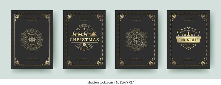 Christmas greeting cards set vintage typographic design, ornate decorations symbols with winter holidays wishes, floral ornaments and flourish frames. Vector illustration.