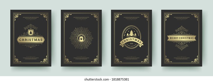 Christmas greeting cards set vintage typographic design, ornate decorations symbols with winter holidays wishes, floral ornaments and flourish frames. Vector illustration.