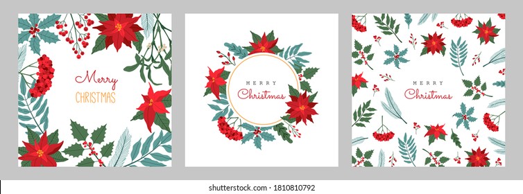 Christmas greeting cards set, with winter plants, poinsettia, rowan brunches, berries. Invitation to a holiday party. Vector illustration in modern Scandinavian style, isolated on white background.