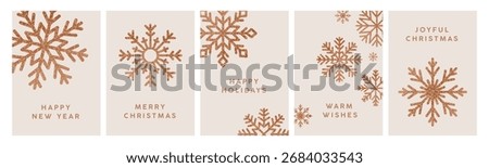 Christmas greeting cards set. Xmas and winter holiday festive posters with snowflake crystals. Snow flake patterns, New Year posters, seasonal vertical backgrounds. Flat vector illustrations