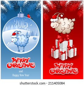 Christmas greeting cards with sheep, symbol of year 2015.