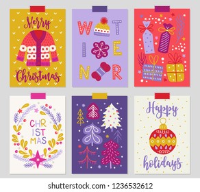 Christmas greeting cards with sweater, hat, cookie, gifts, fir branches, wreath, trees, ball in Pink, Orange, Gold, Violet and White. Perfect for winter holidays and New Year greetings
