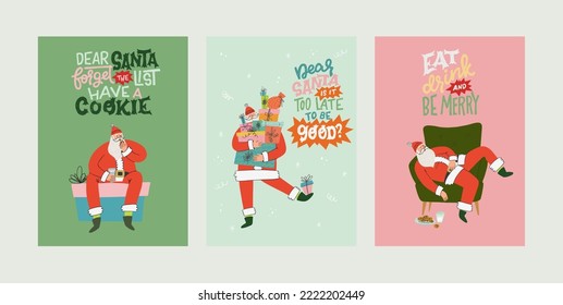 Christmas greeting cards or tags with funny unique lettering quotes and hand drawn Santa. Holiday card, poster or invitation template.