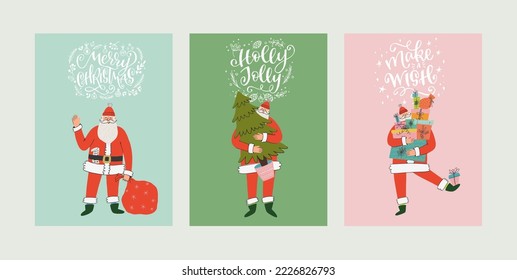 Christmas greeting cards or tags with funny unique lettering quotes and hand drawn Santa. Holiday card, poster or invitation template.