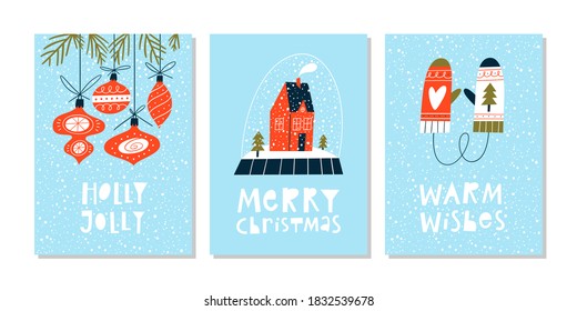 Christmas greeting cards or tags with lettering and hand drawn design elements. Postcard or invitation template. Vector illustration