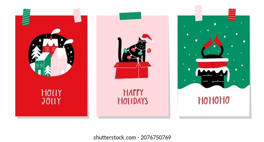 Christmas greeting cards or tags with lettering and hand drawn design elements. Postcard or invitation template. 