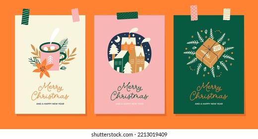 Christmas greeting cards or tags with lettering and hand drawn design elements. Postcard or invitation template. 