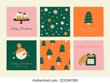 Christmas greeting cards or tags with lettering and hand drawn design elements. Postcard or invitation template. 