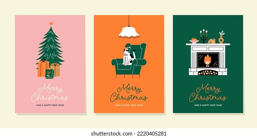 Christmas greeting cards or tags with lettering and hand drawn design elements. Postcard or invitation template. 