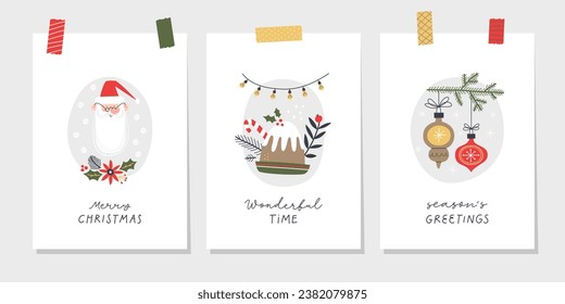 Christmas greeting cards or tags with lettering and hand drawn design elements. Postcard or invitation template. Vector illustration