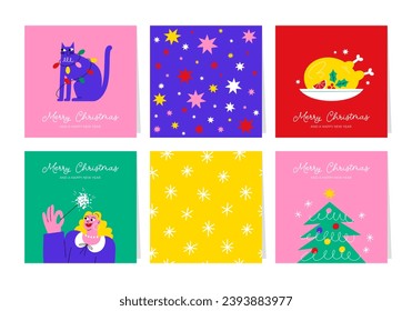 Christmas greeting cards or tags with lettering and hand drawn design elements. Postcard or invitation template. Vector illustration