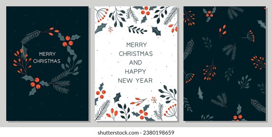Christmas greeting cards template with berries, leaves, tree branches