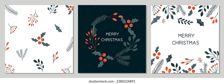 Christmas greeting cards template with berries, leaves, tree branches