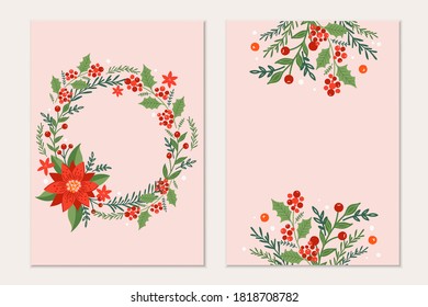 Christmas greeting cards template with pine tree,red balls,candys,snow. Holiday invitation. 