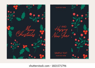 Christmas greeting cards template with pine tree,red balls,candys,snow. Holiday invitation. 