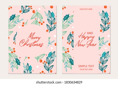 Plantilla de tarjetas de felicitación navideña con pino, bolas rojas, caramelos, nieve. Invitación de vacaciones. 