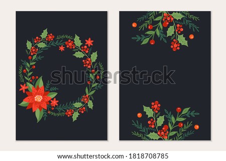 Christmas greeting cards template with pine tree,red balls,candys,snow. Holiday invitation. 