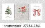 Christmas greeting cards template, text, white, beige background. Fir tree, cardinal bird, green twigs, red berries, bow, snow. Vector xmas illustration collection. Winter forest nature decor