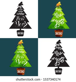 Christmas greeting cards templates set. Flat and silhouette fir trees illustrations with lettering